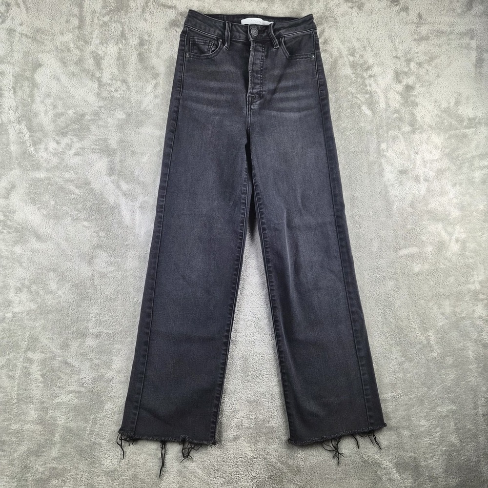 Hidden Wide Leg Jeans Women 24 Black Denim High Rise Button Fly Raw Hem Stretch